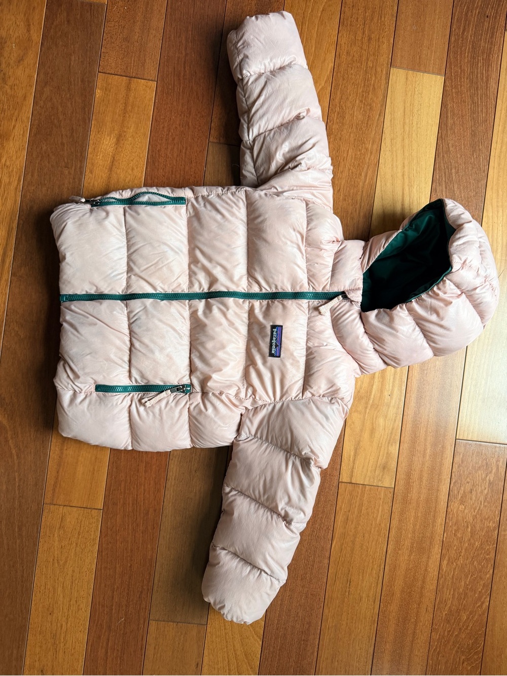 Patagonia Light Pink Hooded Puffer Jacket with Teal Zippers